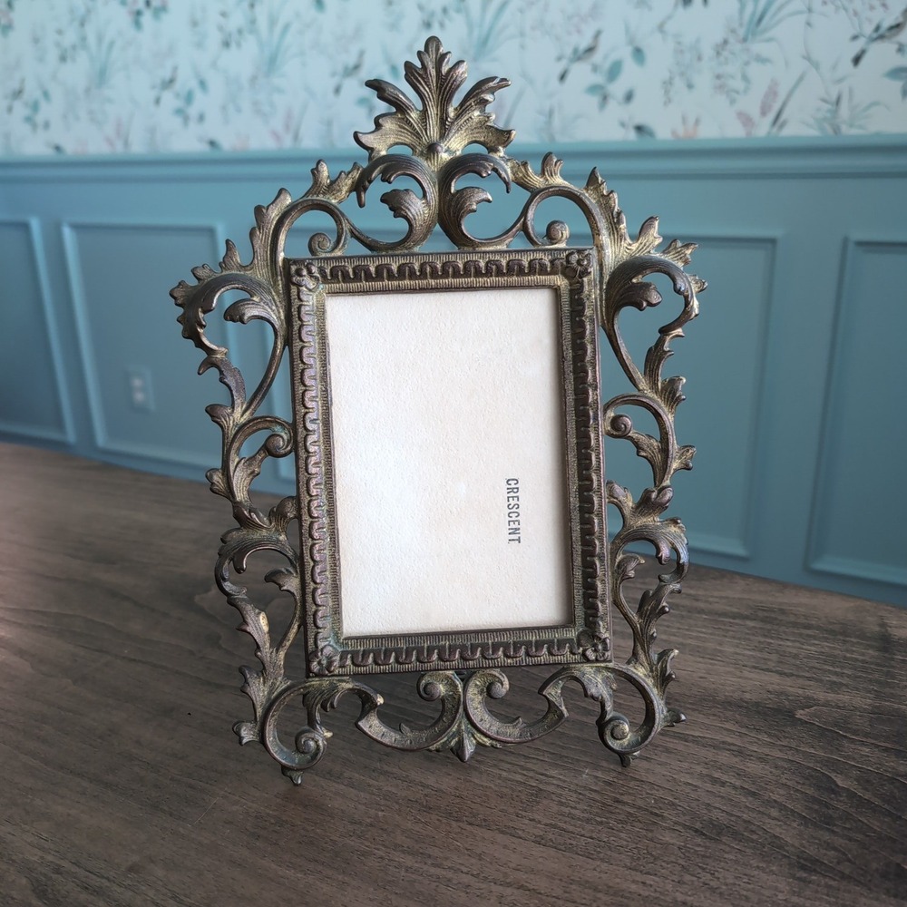 Vintage Rococo Cast Brass Picture Frame~ Ornate Gold Victorian Frame Easel Heavy